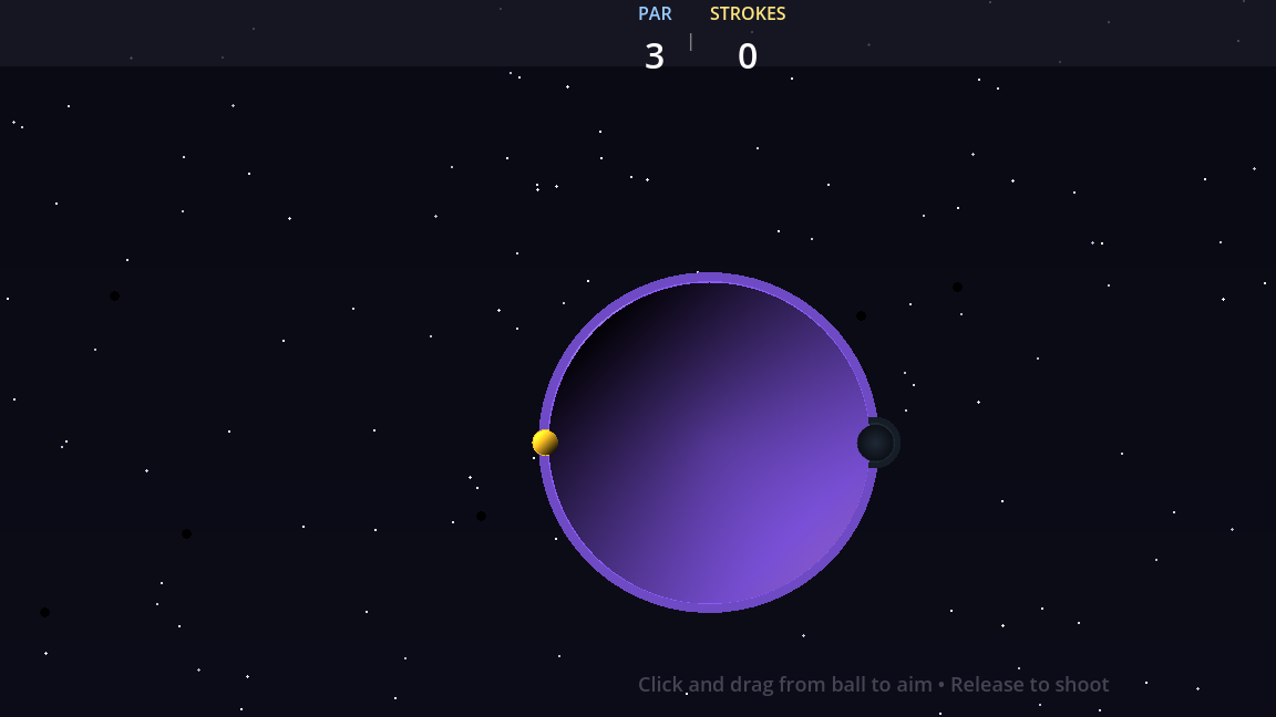 Gravity Golf gameplay screenshot showing a planet, ball, hole, par, strokes, and aiming hint